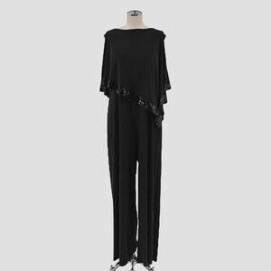 ADRIANNA PAPELL Jumpsuit Womens Size 14 Black Sequin Boat Neck Poncho Style NEW